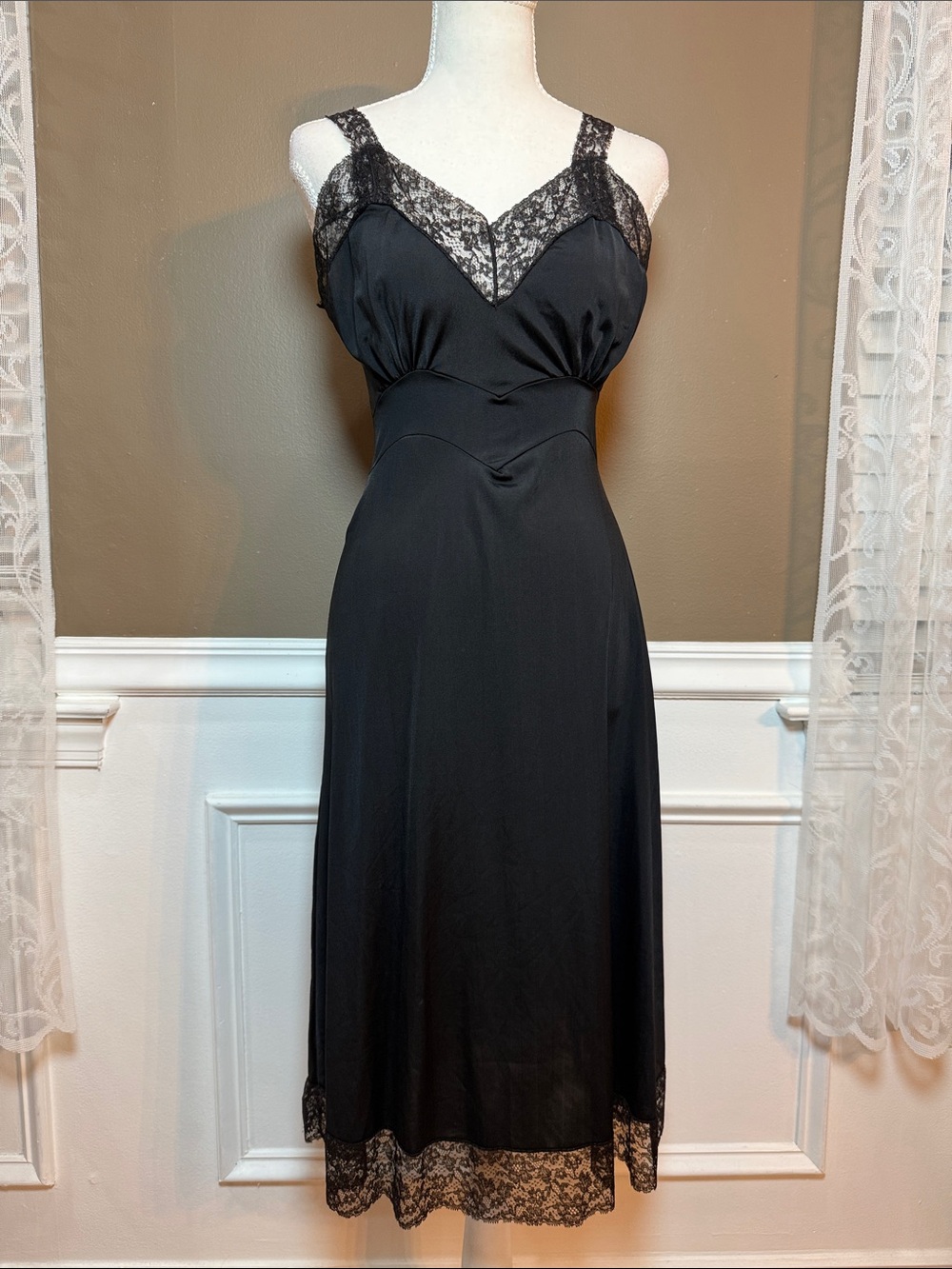 Vintage Van Raalte Black Lace Slip Dress Nylon 70s Bias Cut XS S